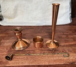 Four Vintage Coppercraft Guild Copper Pieces: 3 Candlestick Holders And Snuffer